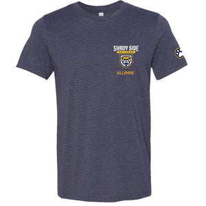 Dark blue T-shirt with Shady Side Academy Bulldogs logo and the word "Alumni" on left breast and a pawprint on the left sleeve.